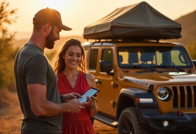 A couple planning their luxury overland expedition next to a Jeep with a rooftop tent, part of a 14-day curated adventure through the American Southwest