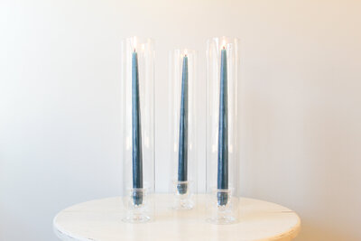 TE Inventory-Short Clear Glass Traditional Taper Candle Bases with Candle and Glass Hurricanes 105