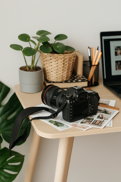 A lifestyle flat lay featuring a camera, notebook, and cozy accessories on a neutral background, representing creative inspiration and blogging tools.