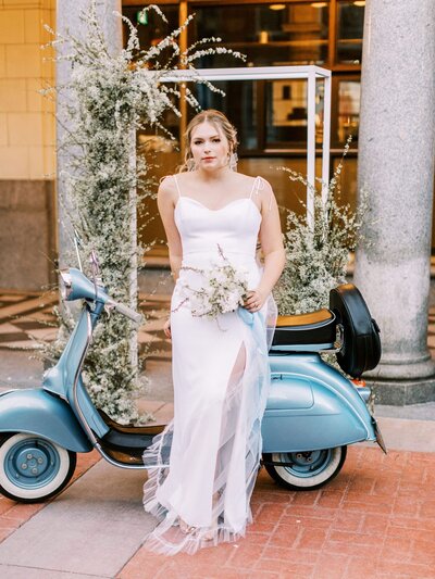 A chic European inspired elopement with beautiful blues at the Hudson, a modern industrial wedding venue in Calgary, featured on the Brontë Bride Vendor Guide.