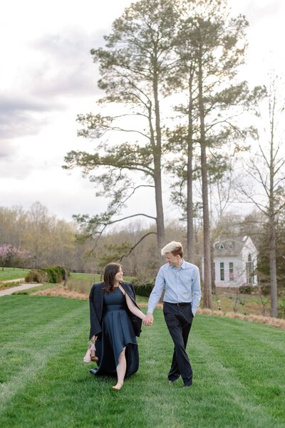 Bride and groom walk up memorial steps at their DC wedding