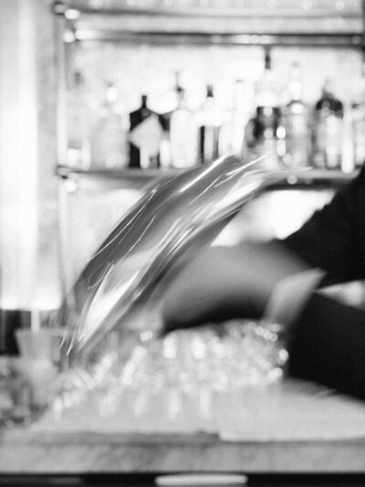 Black and white motion photography of cocktail shaker at Riggs Hotel in Washington