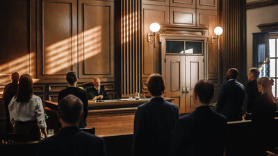 courtroom with wood walls and a crowd facing the judge