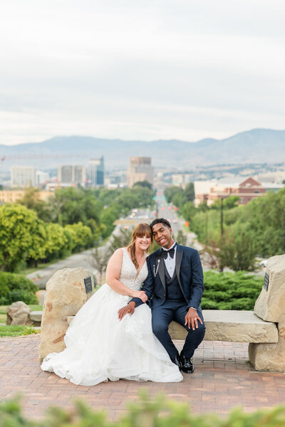 bride and groom wedding portraits payson utah temple at sunset