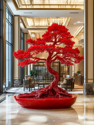 Hotel lobby met indrukwekkende kunstinstallatie