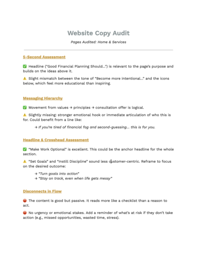 Screenshot of website copy audit notes deliverable showing detailed recommendations for improving copy and strategy