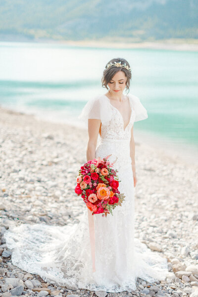 Dreamy lakside wedding, bridal gown by Blush & Raven, a couture wedding bridal boutique based in Calgary, Alberta. Featured on the Brontë Bride Blog.