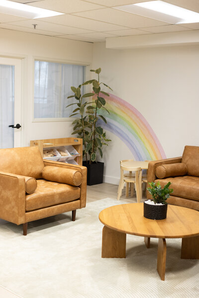 Waiting area with couches and a table inside Santa Barbara Myo.