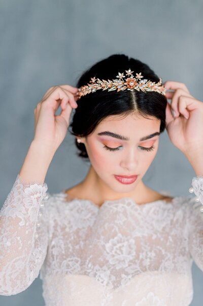 Golden modern bridal crown, by Blair Nadeau Bridal Adornments, romantic and modern wedding jewelry based in Brampton. Featured on the Brontë Bride Blog.