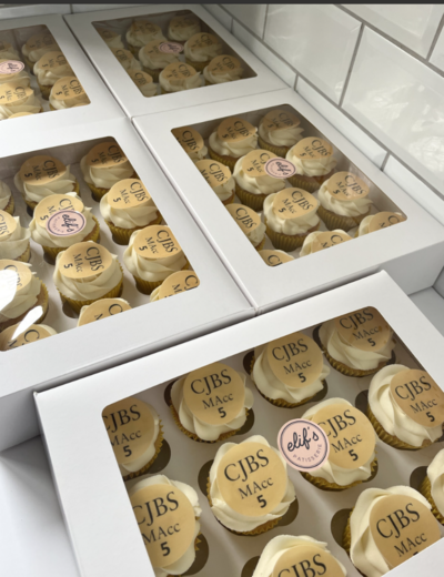 Corporate event cake with branded logo design bespoke cake designer Cambridgeshire