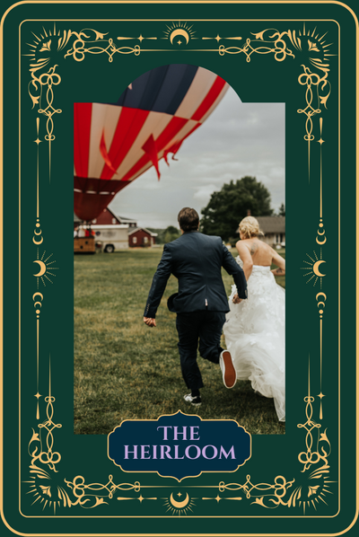 Bride and groom running toward a red, white, and blue hot air balloon during their Michigan wedding at Gilmore Car Museum.