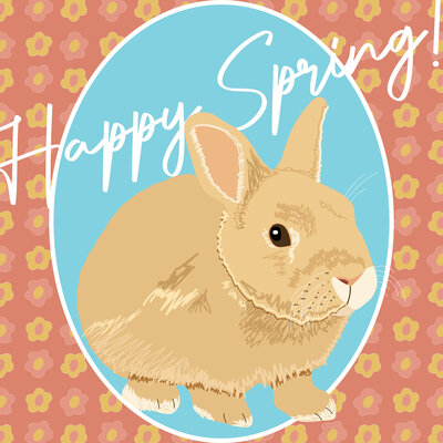 Illustration of brown bunny with floral patterned background