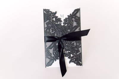 Jane Osler Creative black wrap wedding invitation