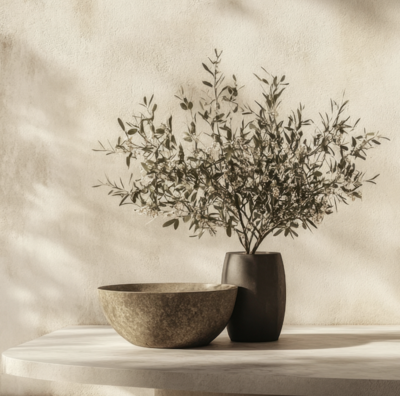Olive Branch and vases in calming setting represent healing and inner peace