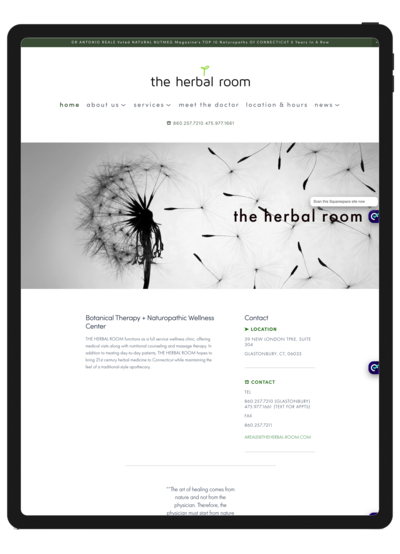 Before screenshot of The Herbal Room’s homepage displayed on an iPad, showing the previous design layout with outdated colors and typography, prior to the redesign.