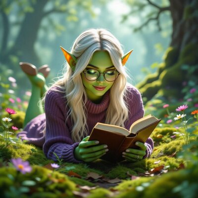 Blonde Goblin girl reading book