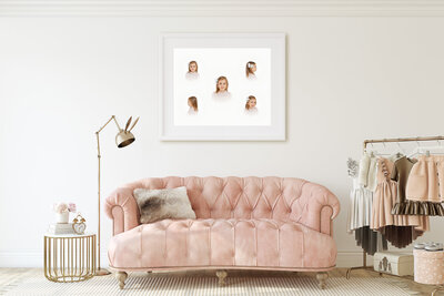 room with pink couch, clothing rack, and a framed composite of heirloom photos taken in Chantilly, Virginia