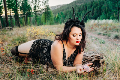 Halloween themed outdoor boudoir photo woman, Pattee Canyon, Missoula