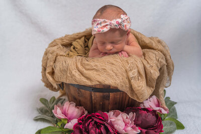 posed newborn baby in a wooden bucket wearing a head band - Townsville Newborn Photography by Jamie Simmons