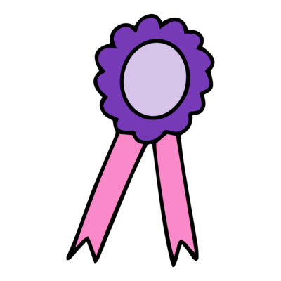 An illustration or a purple and pink winners ribbon.