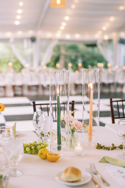 Tall votives and colorful candles at Glen Foerd Estate in Philadelphia, PA