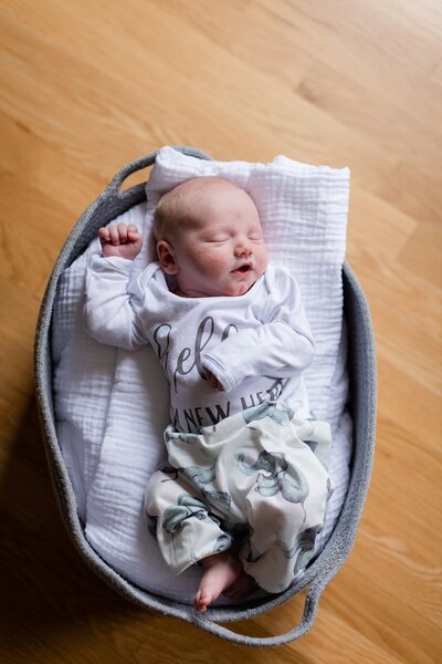 Baby boy sleeping posed in a basket at Chicago newborn session