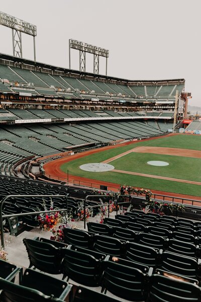 Wedding ceremony setup in the seats of Oracle Park