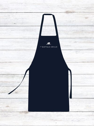 Full-length navy apron featuring a small white Lil' Buffalo Grille logo with a white buffalo and surfboard centered at the chest.