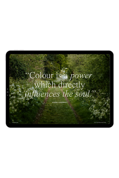 An iPad elegantly displays a page from my Colour Psychology in Interior Design guide—an insightful resource available exclusively on my website.