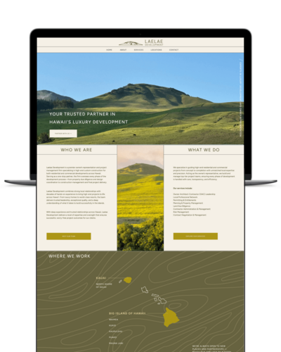 Beautiful custom branding and web design in laptop graphic for LaeLae Development created by Hawaii-based web designer Studio Chan