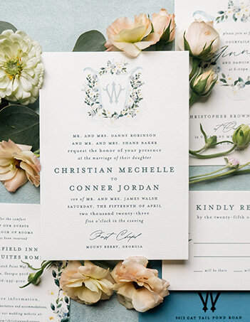 Dusty Blue Wedding Monogram with Flowers Wedding Invitations