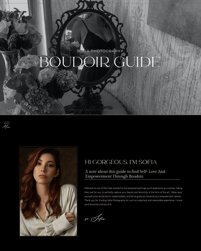 Sofia one-page Showit client guide for boudoir photographers featuring a modern, elegant design—perfect for sharing session details, pricing, and FAQs.