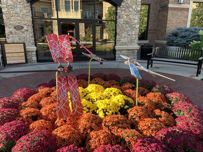 Landscape company project: dragonfly lawn ornaments fly over beautiful red, orange, and yellow mums