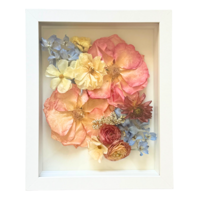 Custom preserved wedding bouquet flowers displayed in frame and shadow box keepsakes, DFW TX