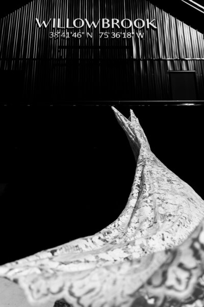 Black and white shot of hanging wedding dress with lace, Balitmore Wedding Photographer 