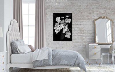 Limited Edition Fine Art Flower Photography Aluminum Print Black and White closeup of tiny white flowers display example title Constellation hanging on brick wall in bedroom