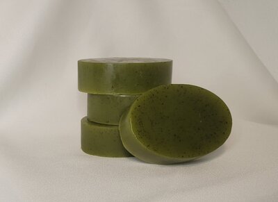 Vertical stack of the Green Machine soap bars handmade by Berry and Balm in Tacoma, Washington