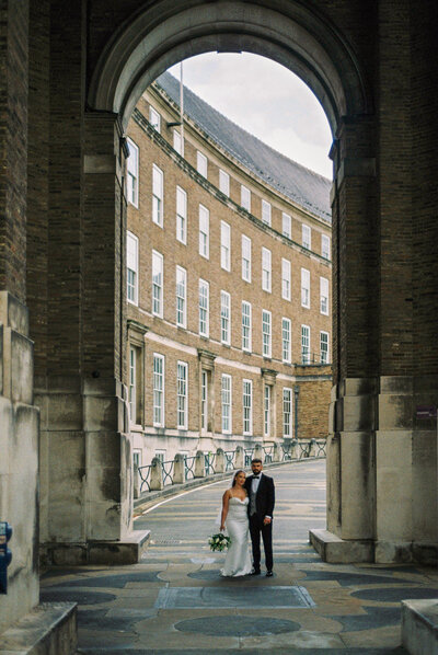 35mm bride and groom portrait in Bristol city centre