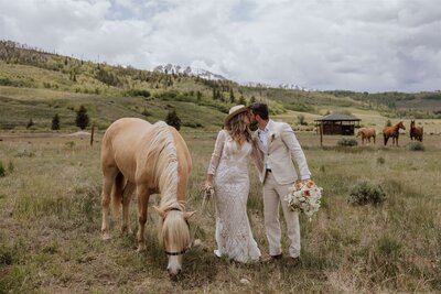 bride and groom kissing in a field with a horse and mountains in background