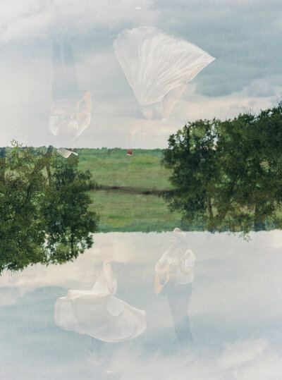 Double exposure of a photo of a field and a photo of Mikaela Kahn and her husband