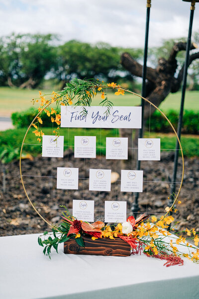 Custom wedding seating chart for a luxury wedding at Fairmont Orchid, featuring elegant design elements and personalized touches that enhance the sophisticated atmosphere of the celebration