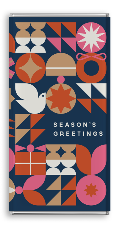 Luxury personalised chocolate bar with bold festive geometric pattern in navy, pink, red, and gold, featuring the text ‘Season’s Greetings’. Custom Christmas chocolate gifting by Barilliant, Australia’s No.1 luxury custom chocolate bar brand.