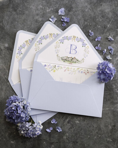 Gold ink custom calligraphy invitation and envelope for wedding