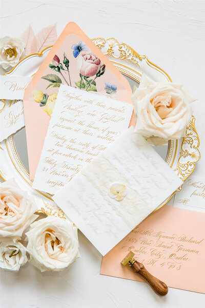 Burgundy pocket-fold & Gold Foil wedding invitation
