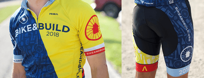 Close up of a cycling jersey that reads "Bike & Build 2018"