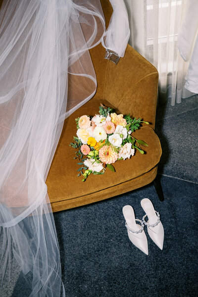 Bride's heels flatlay at Glen Foerd Estate in Philadelphia, PA
