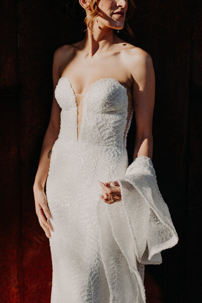 Bride looks over her shoulder in dramatic lighting while holding her dress