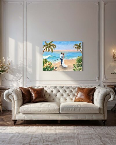 One original wedding painting in size 30x40in canvas sits above a cream couch with brown leather pillows