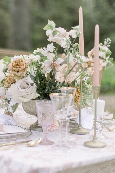 close up of a flower arrangement for a wedding reception