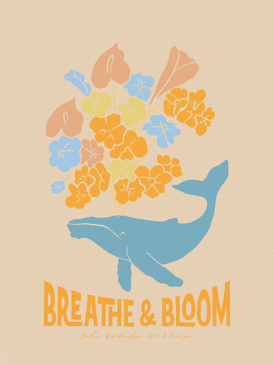 A blue humpback whale exhales a colorful boquet from its blowhole, illustrated against a beige background